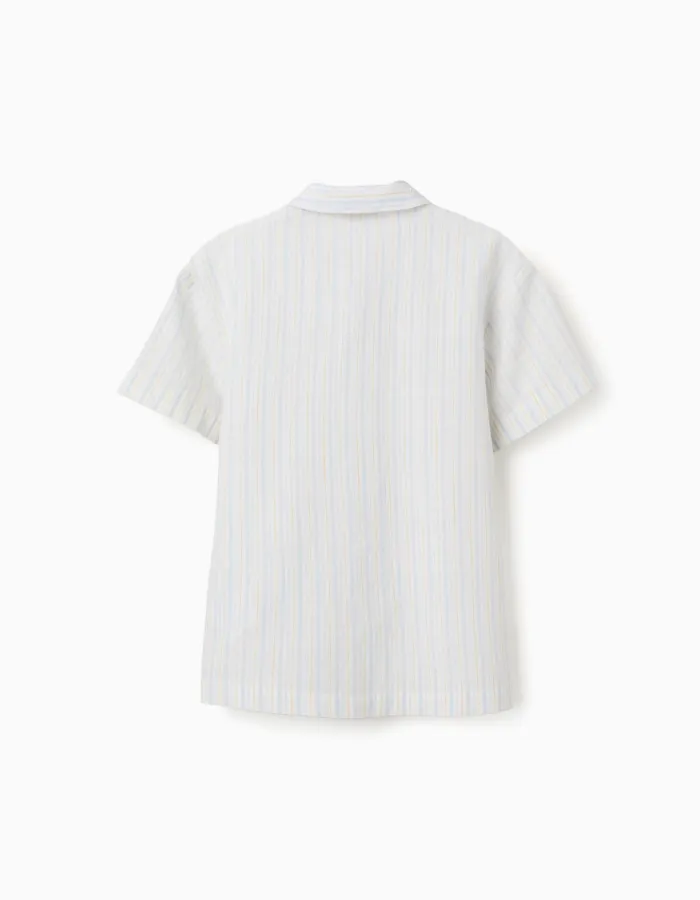 Short sleeve cotton shirt with stripes B&S for boys, white/yellow/blue