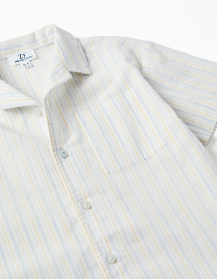 Short sleeve cotton shirt with stripes B&S for boys, white/yellow/blue