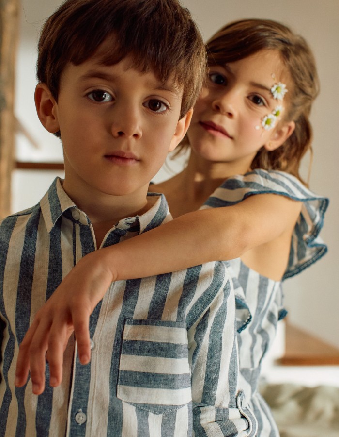 Striped cotton and linen shirt You&Me for boys, white/blue
