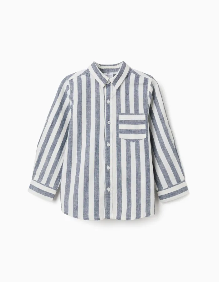 Striped cotton and linen shirt You&Me for boys, white/blue