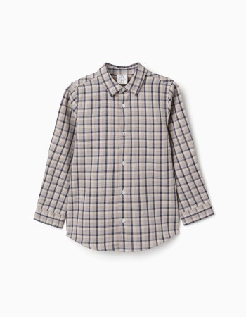 Long sleeve cotton shirt with checked pattern for boys, blue/beige