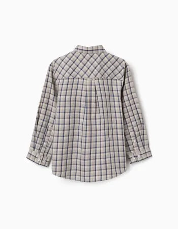 Long sleeve cotton shirt with checked pattern for boys, blue/beige