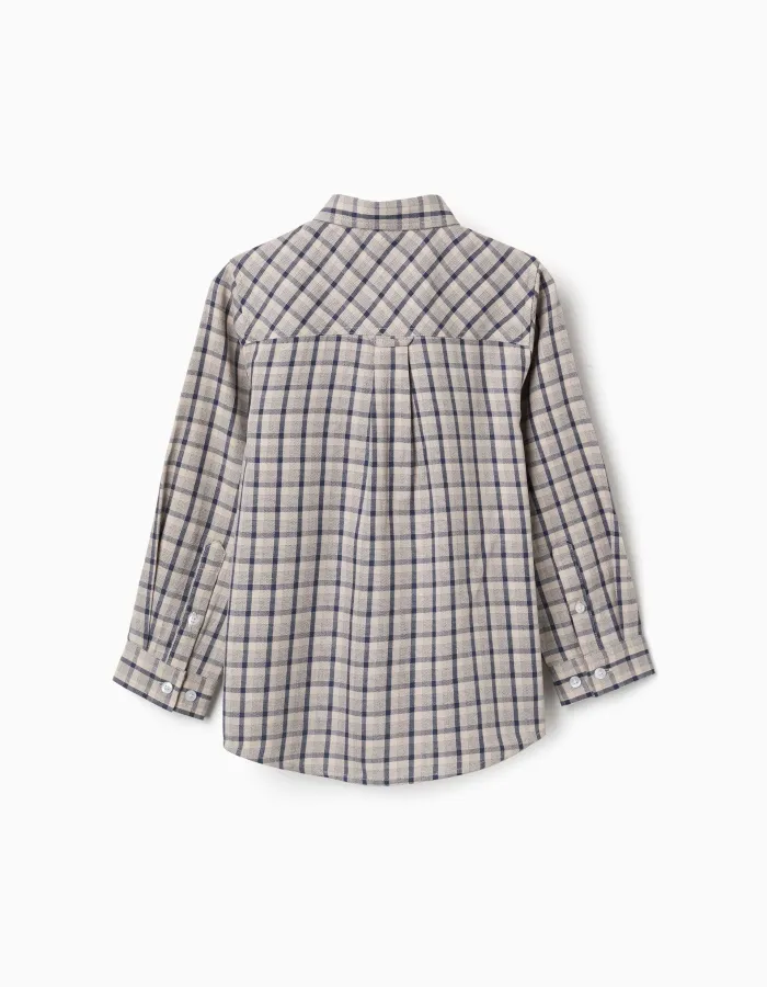 Long sleeve cotton shirt with checked pattern for boys, blue/beige