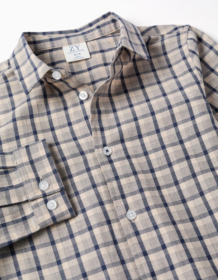 Long sleeve cotton shirt with checked pattern for boys, blue/beige