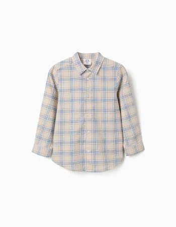 Long sleeve cotton checked shirt for boys, light beige/blue/brown