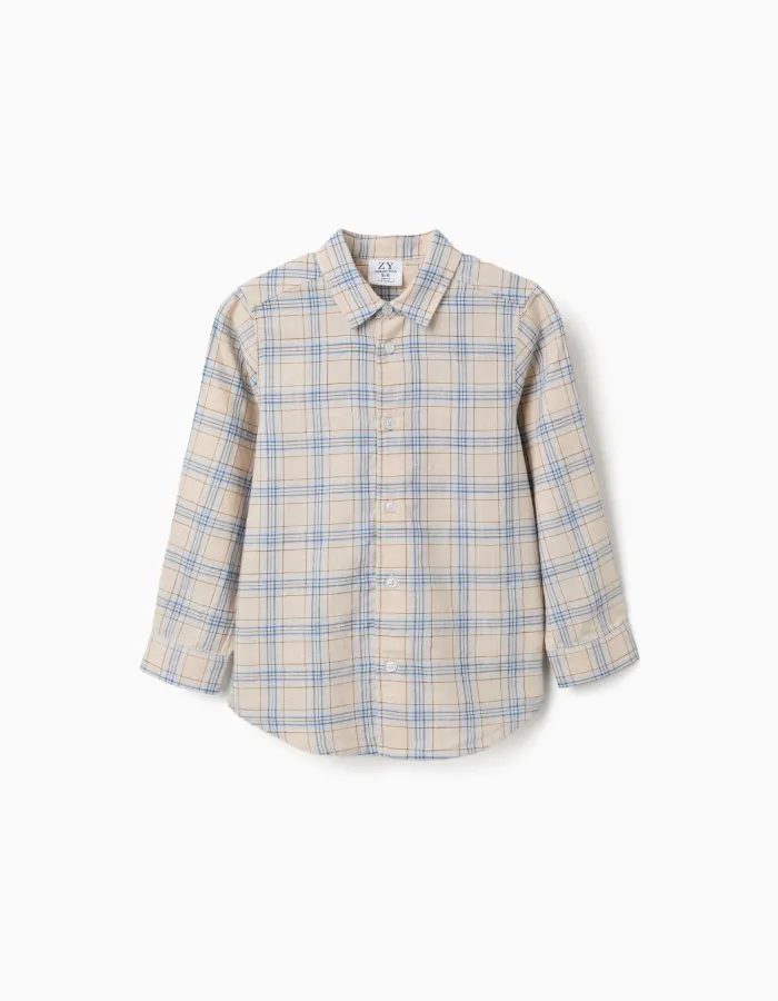 Long sleeve cotton checked shirt for boys, light beige/blue/brown