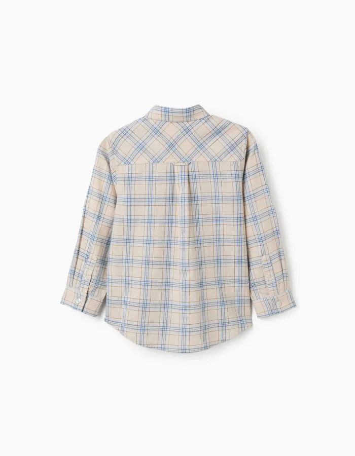 Long sleeve cotton checked shirt for boys, light beige/blue/brown