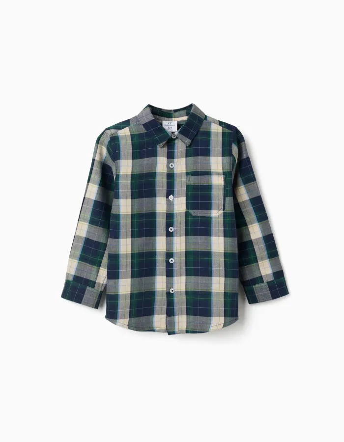 Long sleeve checked cotton shirt B&S for boys, blue/green/beige
