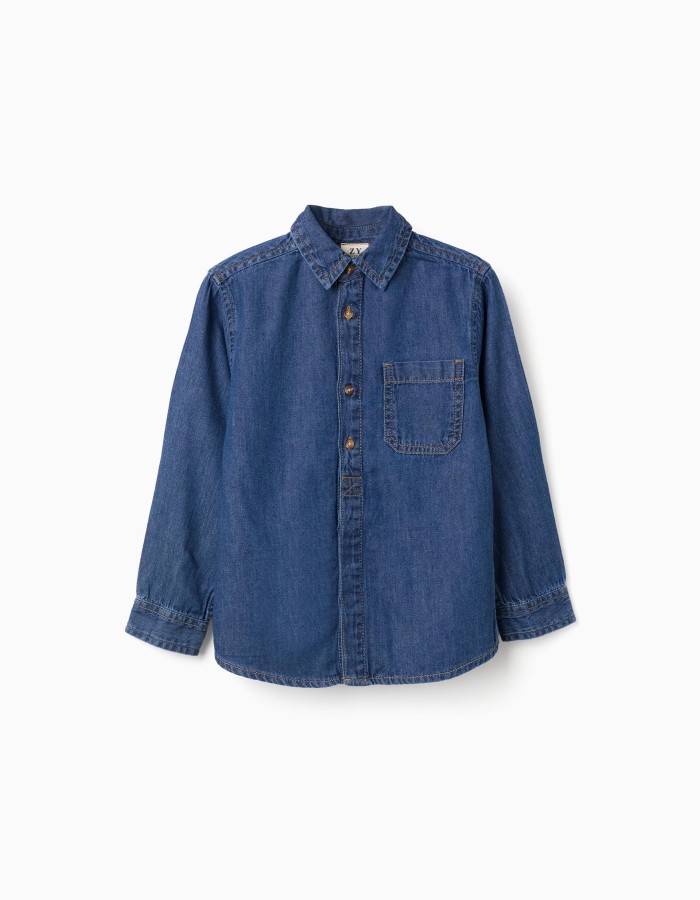 Long sleeve denim shirt with chest pocket for boys, blue