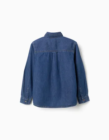 Long sleeve denim shirt with chest pocket for boys, blue