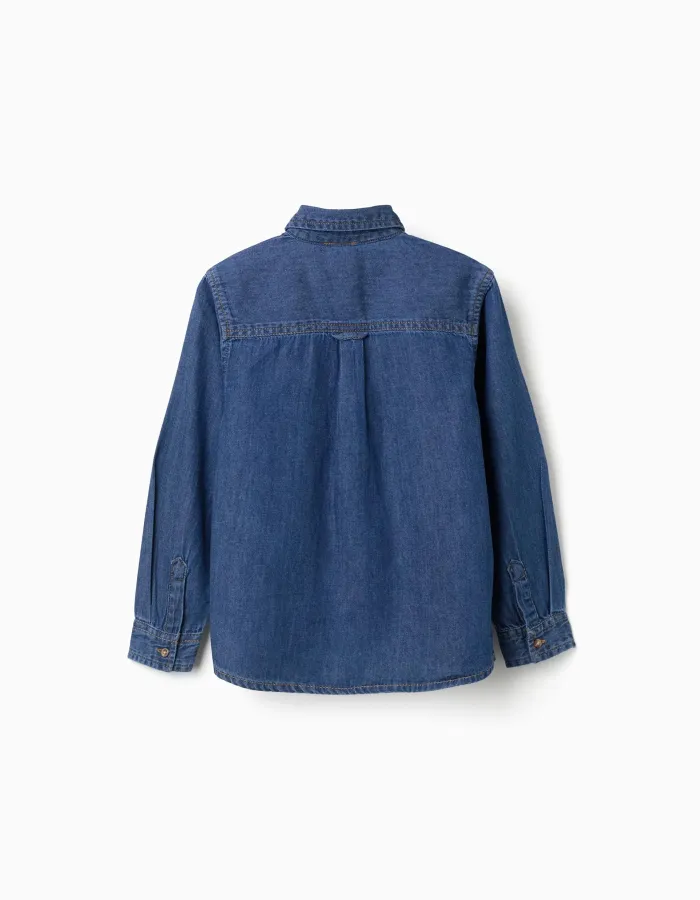 Long sleeve denim shirt with chest pocket for boys, blue