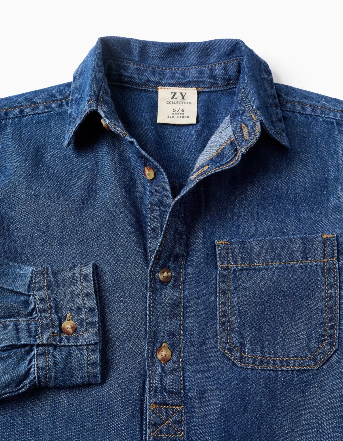 Long sleeve denim shirt with chest pocket for boys, blue