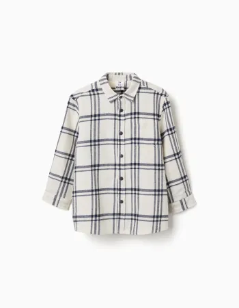 Long sleeve flannel shirt with check pattern for boys, white/navy blue