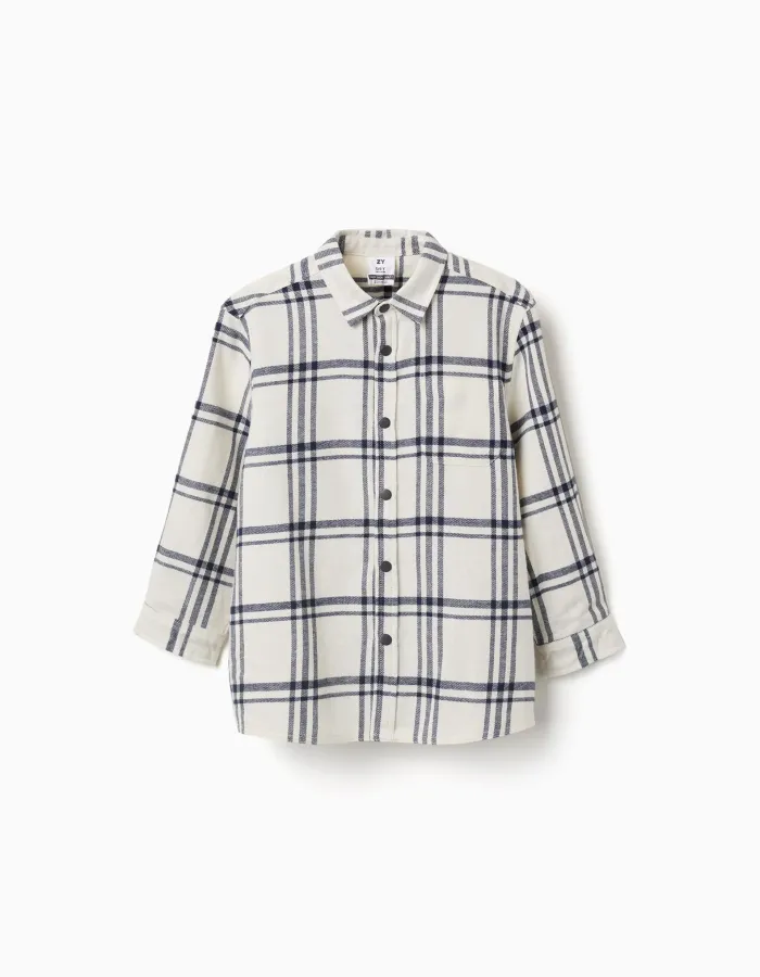 Long sleeve flannel shirt with check pattern for boys, white/navy blue