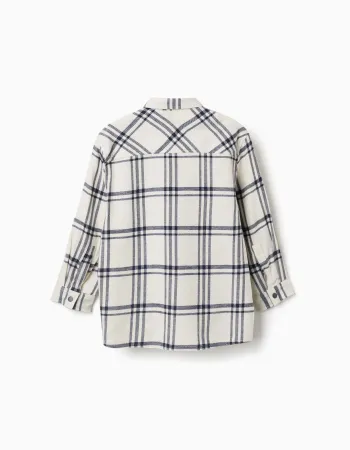 Long sleeve flannel shirt with check pattern for boys, white/navy blue
