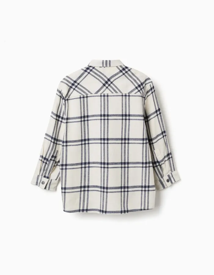 Long sleeve flannel shirt with check pattern for boys, white/navy blue
