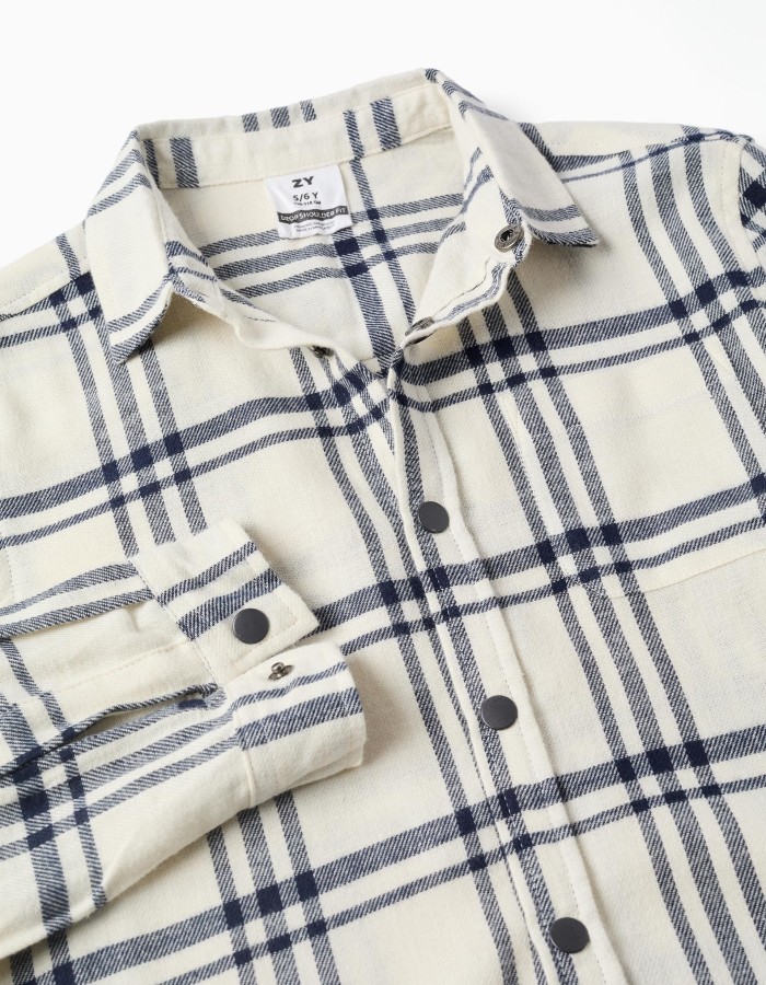 Long sleeve flannel shirt with check pattern for boys, white/navy blue