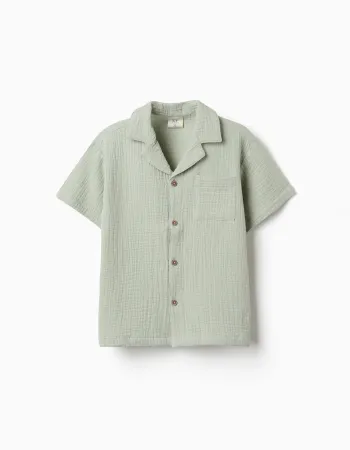 Short sleeve shirt in double gauze cotton for boys, light green