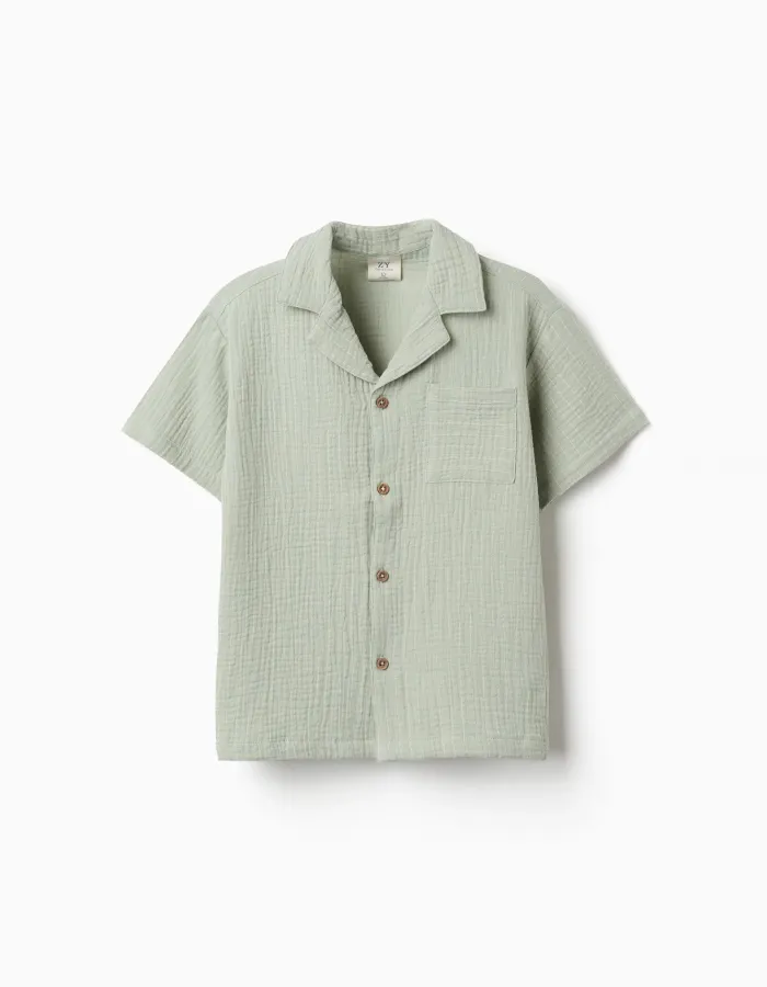 Short sleeve shirt in double gauze cotton for boys, light green