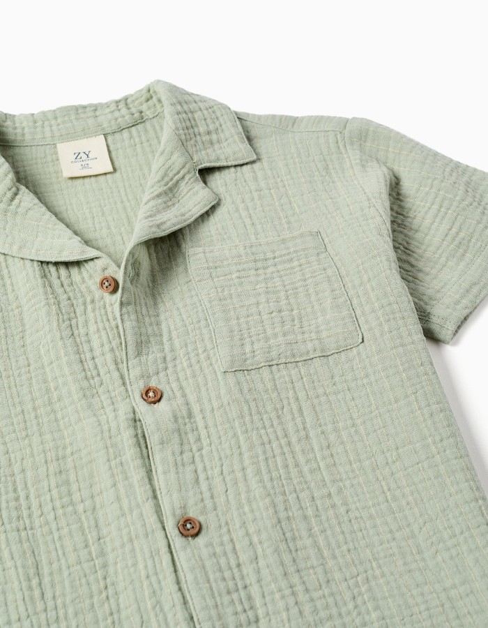 Short sleeve shirt in double gauze cotton for boys, light green