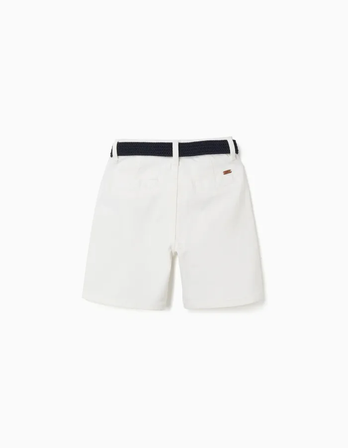 Twill midi shorts with belt for boys, white
