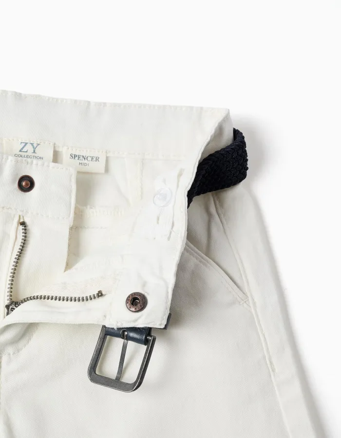 Twill midi shorts with belt for boys, white
