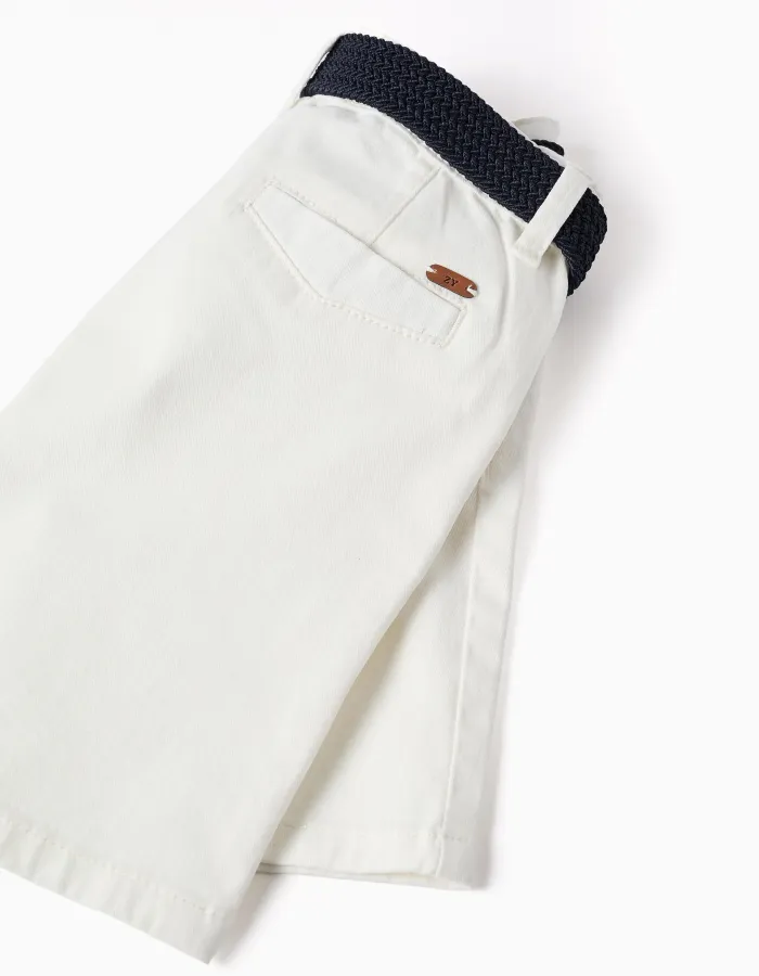 Twill midi shorts with belt for boys, white