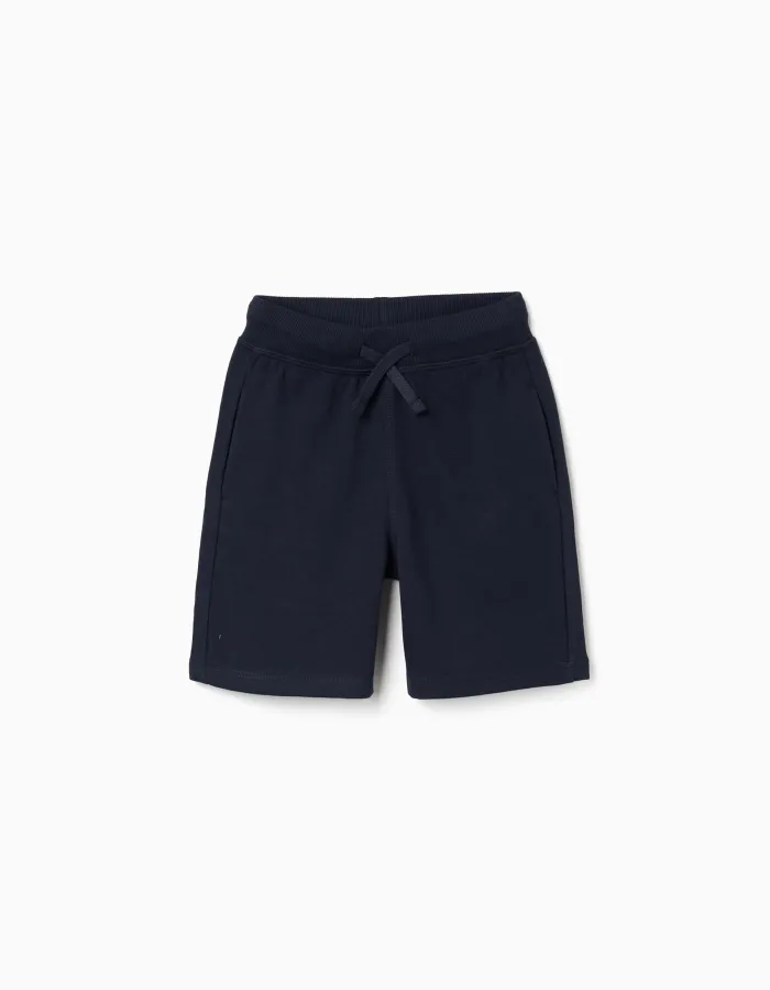 Dark blue terry shorts with drawstring and side pockets for boys
