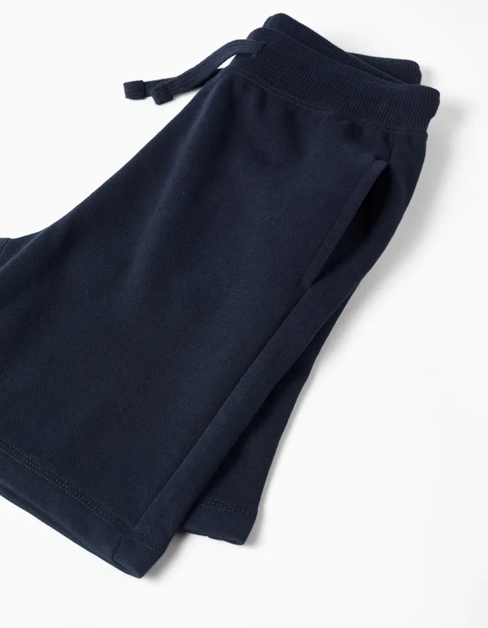 Dark blue terry shorts with drawstring and side pockets for boys