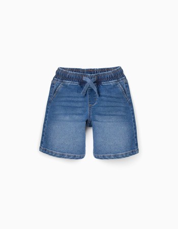 Midi denim pull-up shorts with drawstring for boys, blue