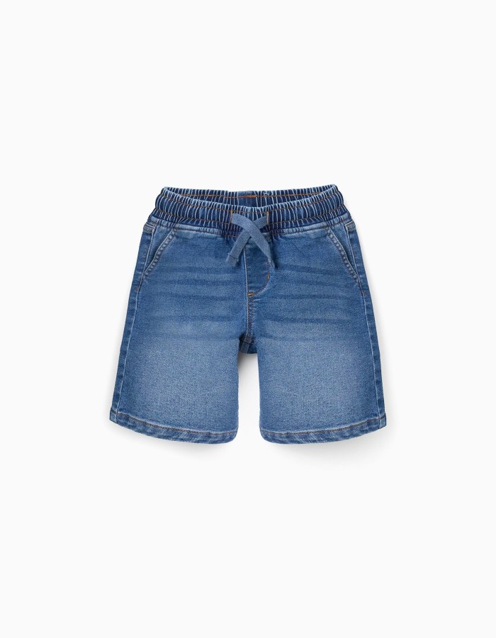 Midi denim pull-up shorts with drawstring for boys, blue