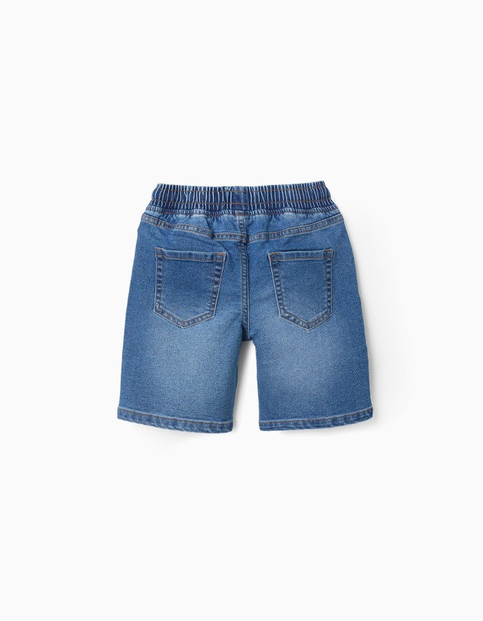 Midi denim pull-up shorts with drawstring for boys, blue