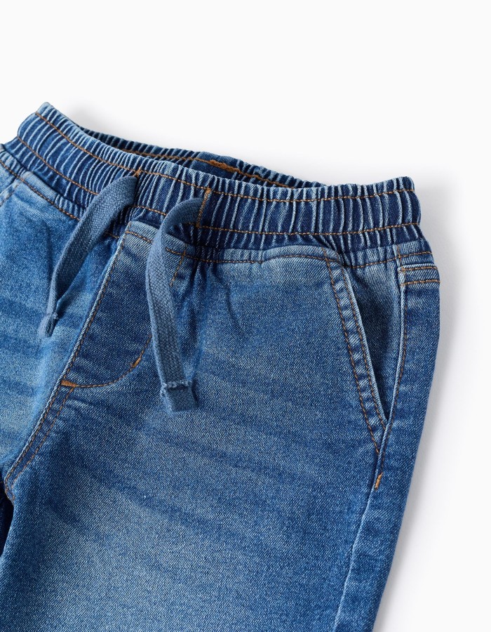 Midi denim pull-up shorts with drawstring for boys, blue