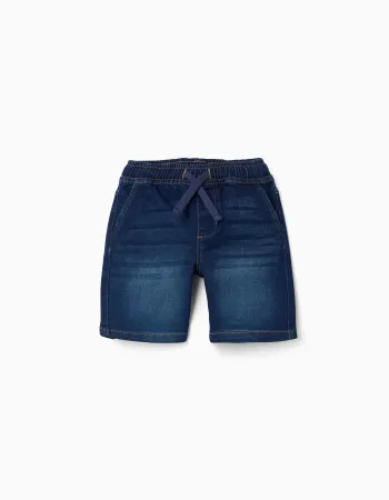 Midi denim pull-up shorts with drawstring for boys, dark blue