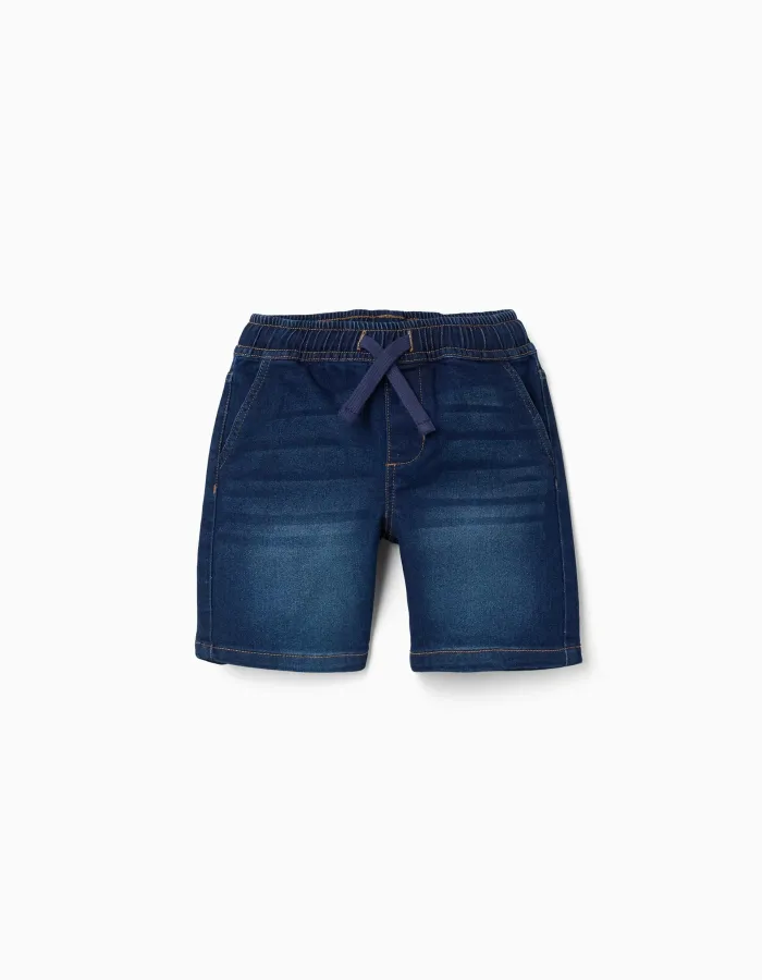 Midi denim pull-up shorts with drawstring for boys, dark blue
