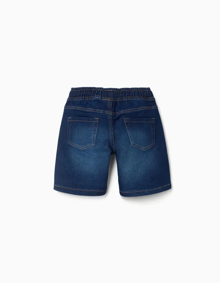 Midi denim pull-up shorts with drawstring for boys, dark blue