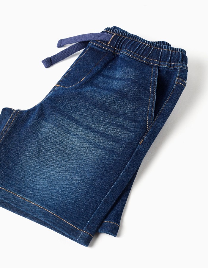 Midi denim pull-up shorts with drawstring for boys, dark blue