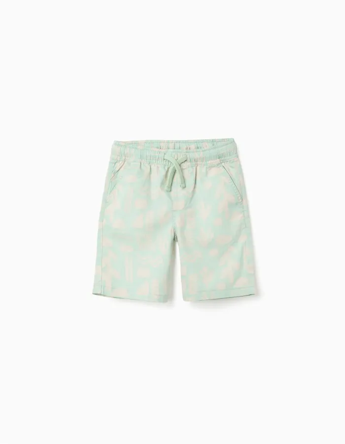 Midi twill shorts with beach motif for boys, light green
