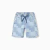 Midi denim shorts with checkered pattern for boys, blue