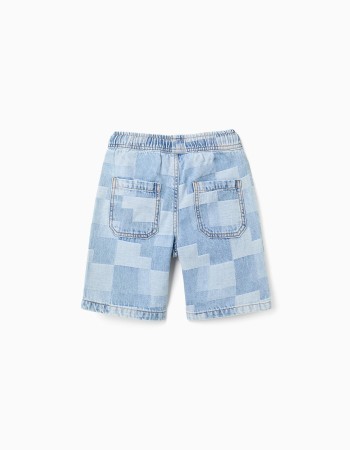 Midi denim shorts with checkered pattern for boys, blue