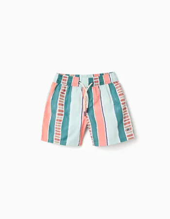 Striped swim shorts with drawstring for boys, orange/green