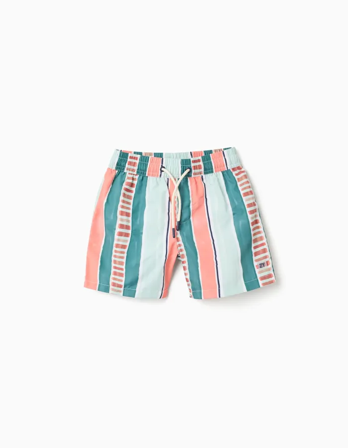 Striped swim shorts with drawstring for boys, orange/green