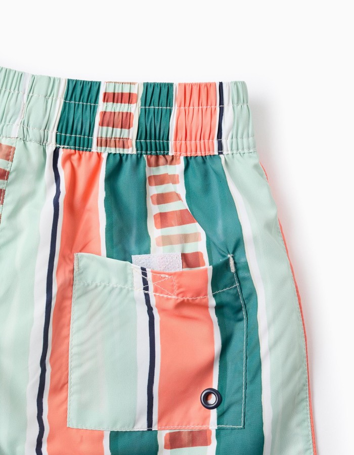 Striped swim shorts with drawstring for boys, orange/green