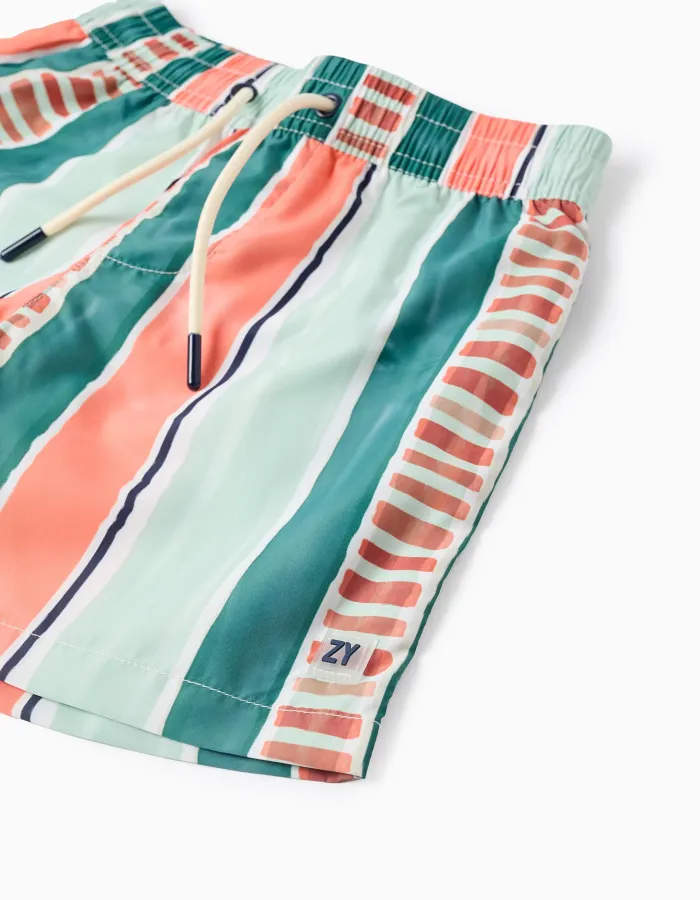 Striped swim shorts with drawstring for boys, orange/green