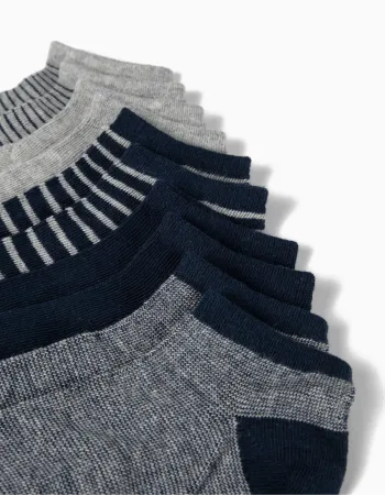 Pack of 5 Pairs of Plain/Striped Ankle Socks for Boys, Blue/Grey