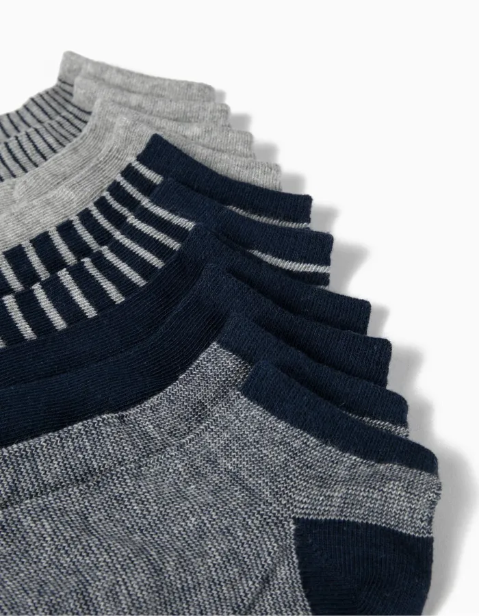 Pack of 5 Pairs of Plain/Striped Ankle Socks for Boys, Blue/Grey