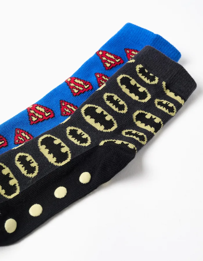 Pack of 2 non-slip socks with superhero motifs for boys, black/blue
