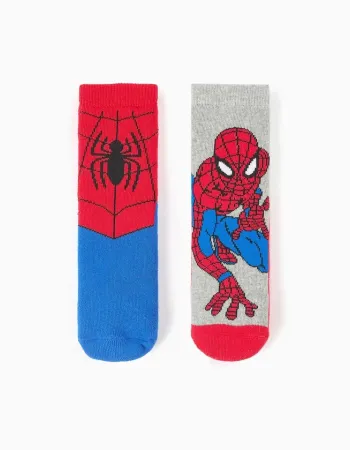 Pack of 2 Non-Slip Terry Socks with Spider-Man for Boys, Blue/Red/Grey