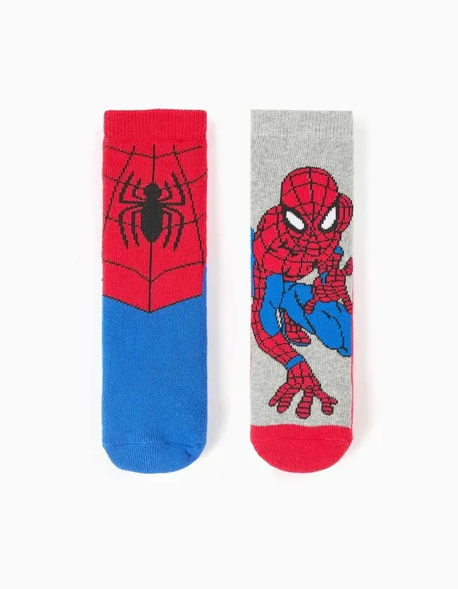 Pack of 2 Non-Slip Terry Socks with Spider-Man for Boys, Blue/Red/Grey