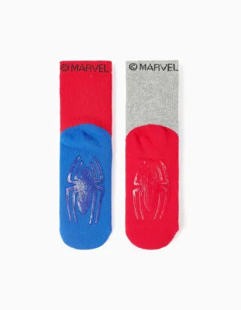 Pack of 2 Non-Slip Terry Socks with Spider-Man for Boys, Blue/Red/Grey